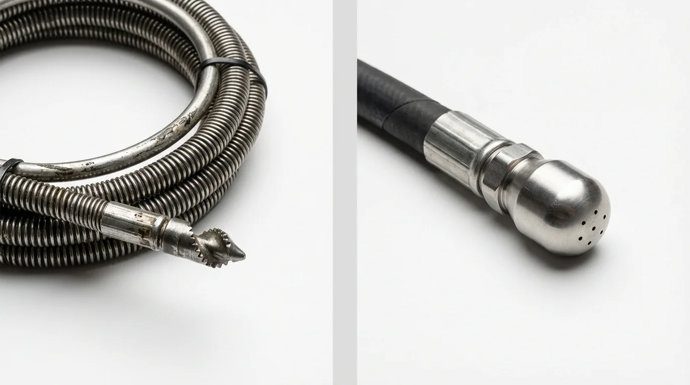 Drain snake cable and hydro jetting nozzle used for drain cleaning in Hampton, NH