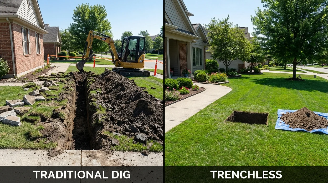 Trenchless sewer repair with minimal yard damage versus traditional excavation in Hampton, NH