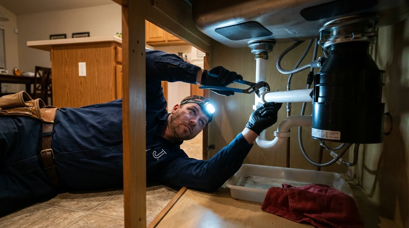 P-trap and supply line connections under a kitchen sink showing a common leak point in Hampton, NH